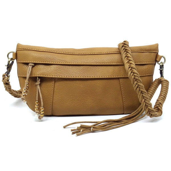 Tan Braided Tassel Strap Crossbody Bag Front view Strap Down