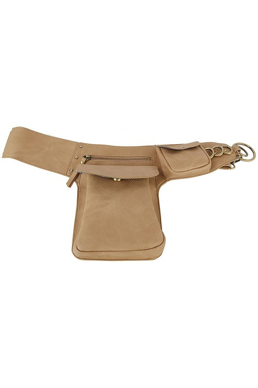 Tan Fashion Ring Fanny Pack Sling Bag on Silhouette Model