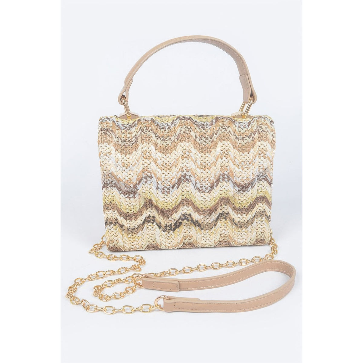 Faux Straw Top Handle Flap Bag