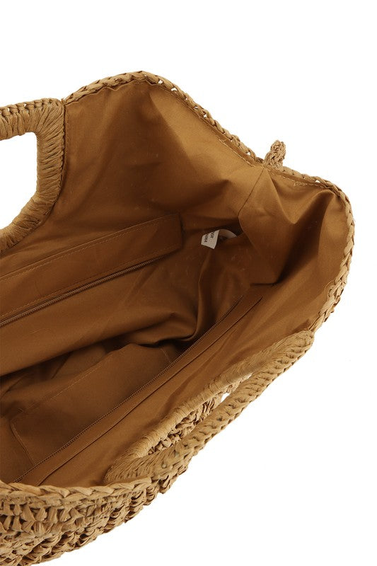 Tan Round Shape Straw Tote Bag Interior view
