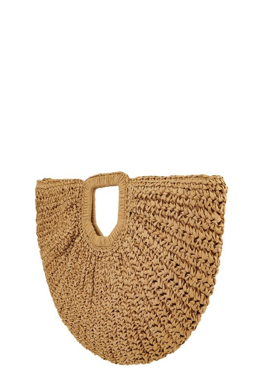 Tan Round Shape Straw Tote Bag Side view