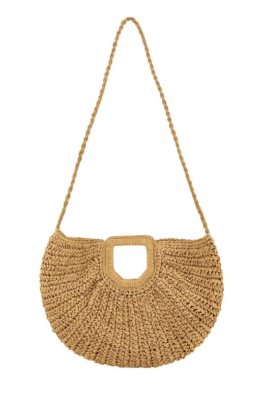 Tan Round Shape Straw Tote Bag with strap raised