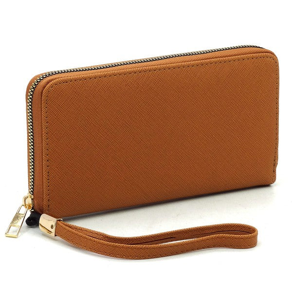 Tan Saffiano Zip Around Wallet Wristlet Side view