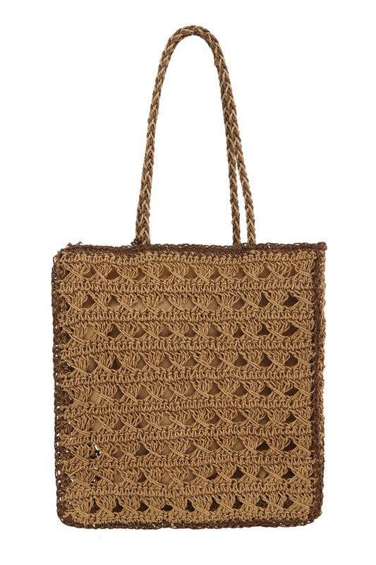 Tan Square Shape Straw Tote Shoulder Bag Back view