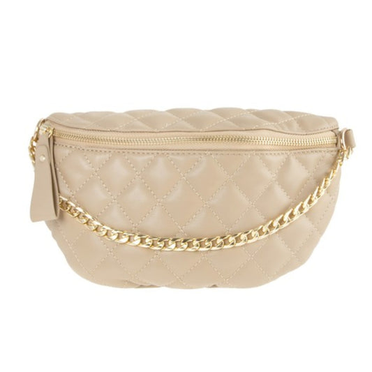 Taupe Chain Attached Quilted Fanny Bag Front view