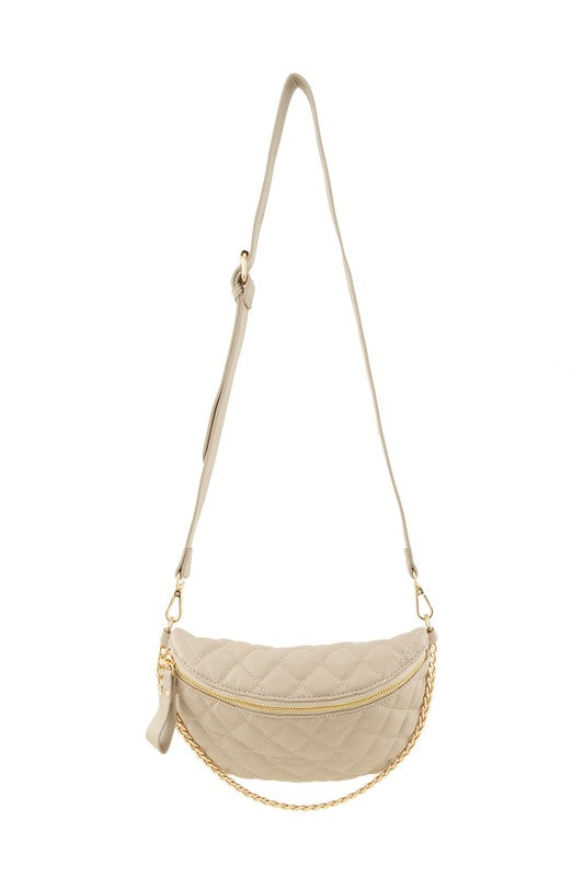 Taupe Chain Attached Quilted Fanny Bag Front view with Strap