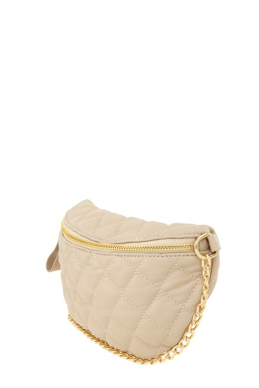 Taupe Chain Attached Quilted Fanny Bag Side view
