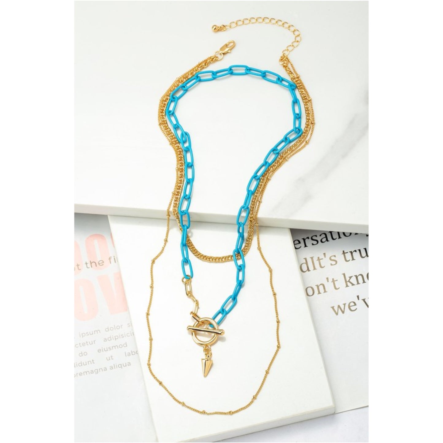 Three-Row Turquoise Chain Necklace Set Flat