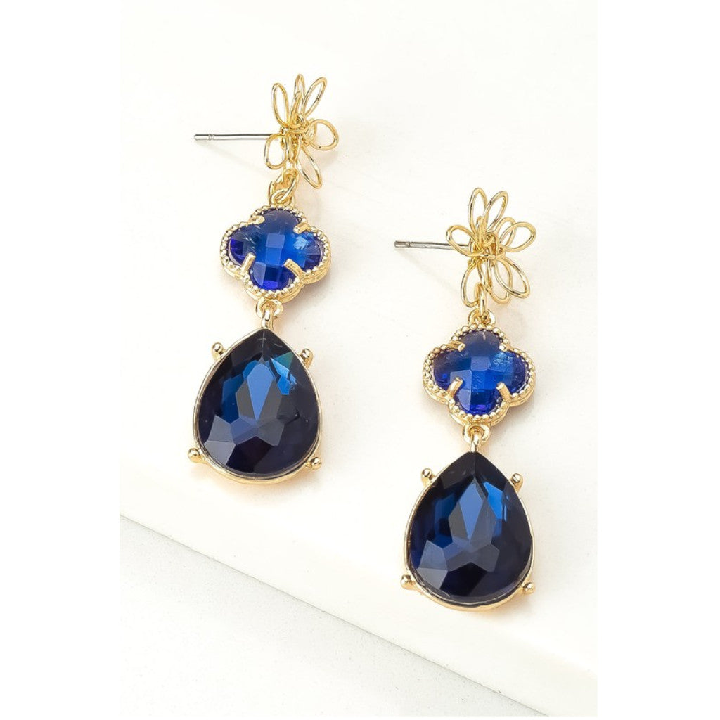 Three-Tier Flower and Royal Blue Linear Drop Earrings
