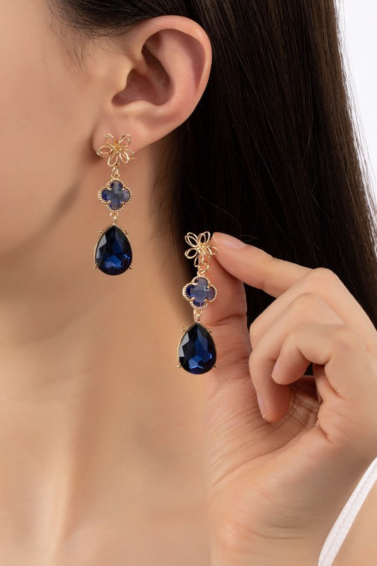 Three-Tier Flower and Royal Blue Linear Drop Earrings on Model