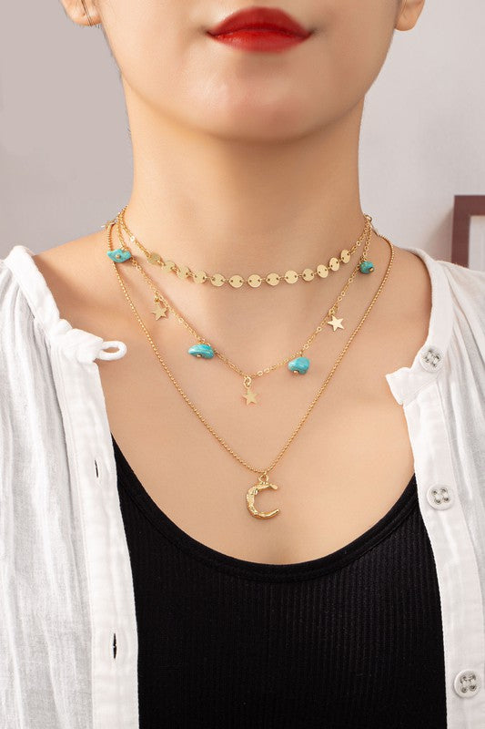 Three Row Mixed Chain Choker Necklace on Model