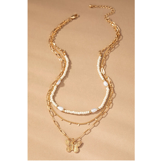 Three Row Seed Bead and Chain Necklace Flat