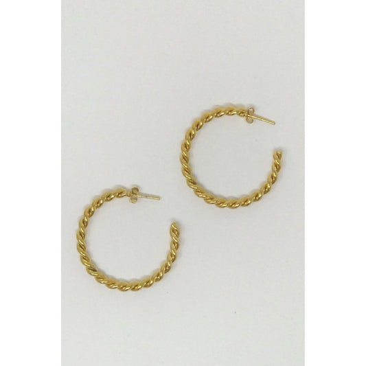 Gold hoop earrings on a light gray background