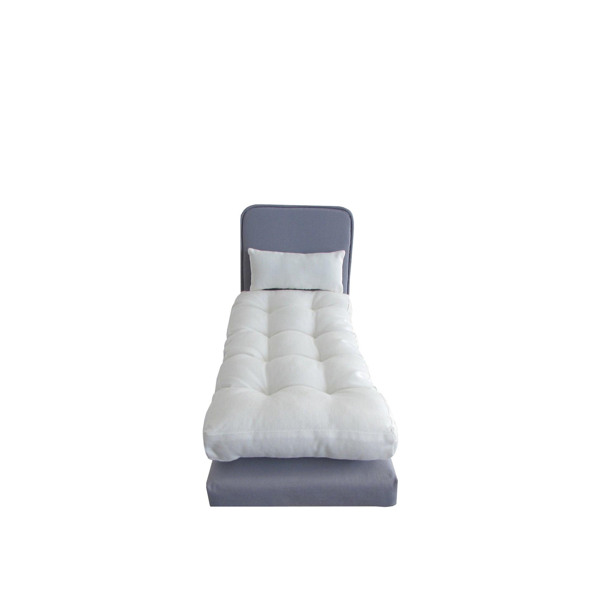 Upholstered Gray Doll Bed for 11 1/2-inch and 12 inch dolls Front View