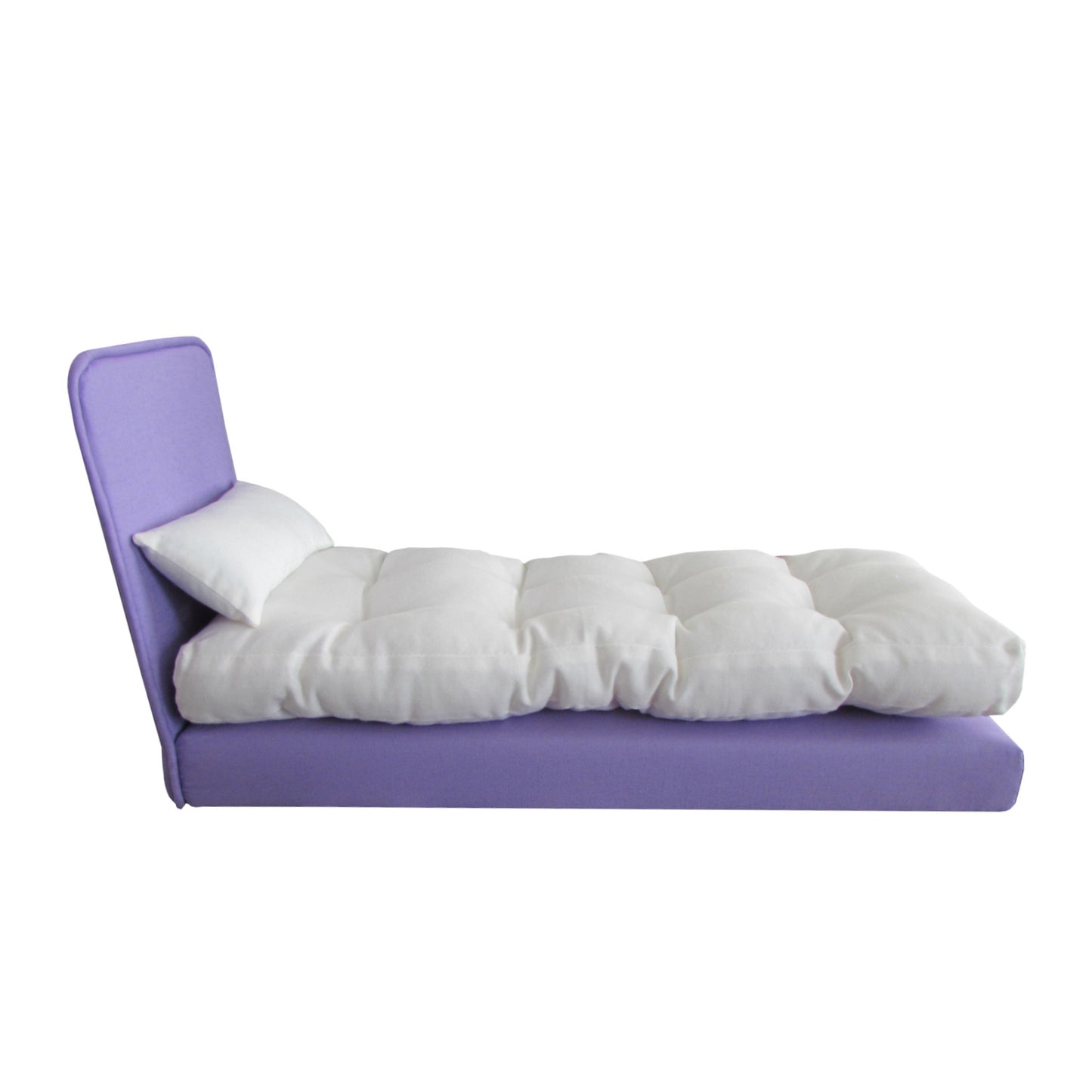 Upholstered Lavender Doll Bed for 11 1/2-inch and 12-inch dolls Side View
