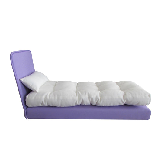 Upholstered Lavender Doll Bed for 11 1/2-inch and 12-inch dolls Side View
