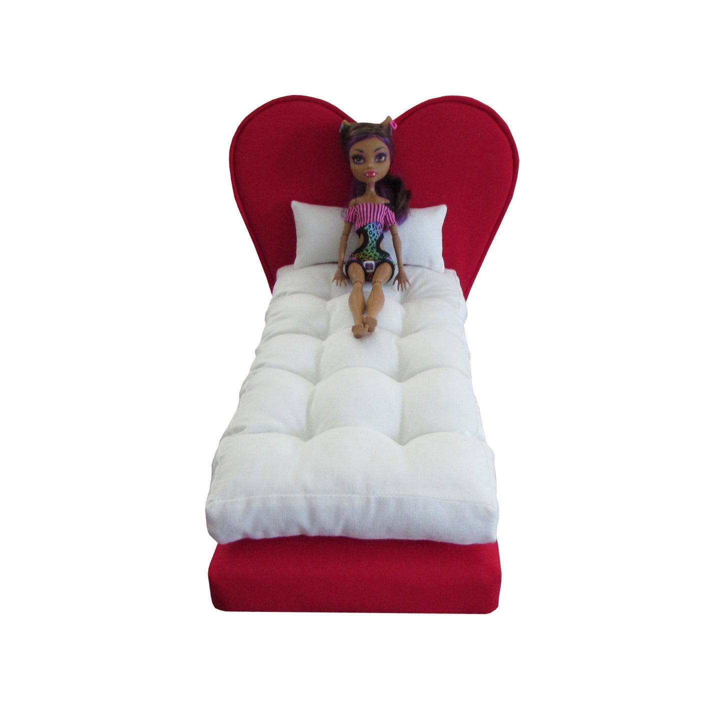 Upholstered Red Heart Doll Bed for 11 1/2 inch and 12 inch dolls with doll Second view