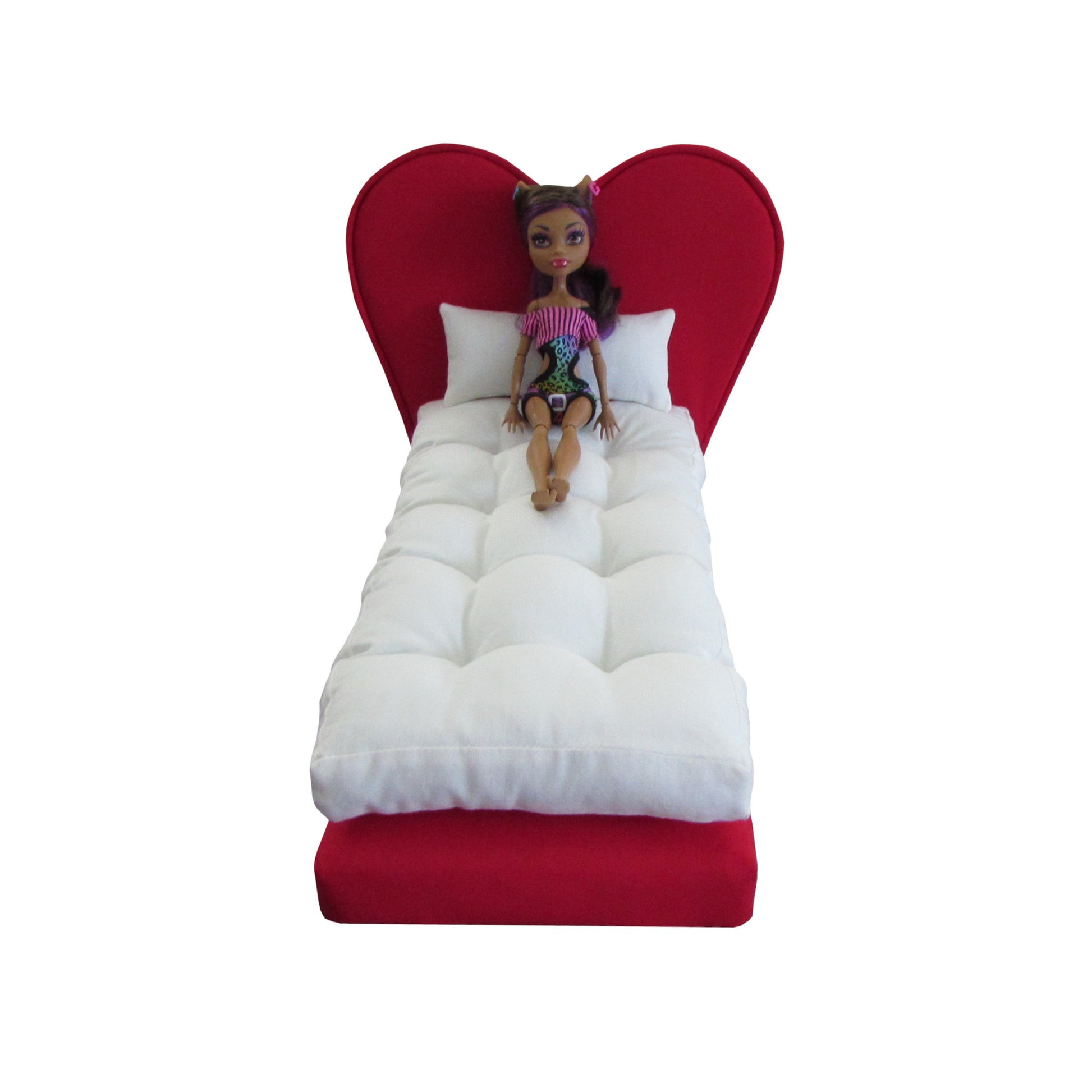 Upholstered Red Heart Doll Bed for 11 1/2 inch and 12 inch dolls with doll Second view
