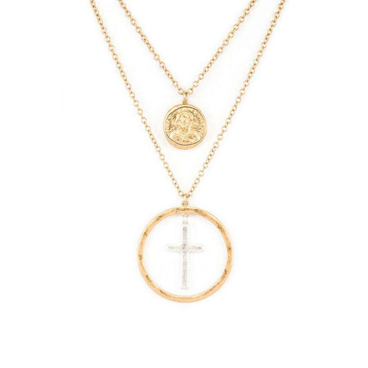Washed Gold/Washed Silver Mix Tone Cross Coin Pendant Necklace