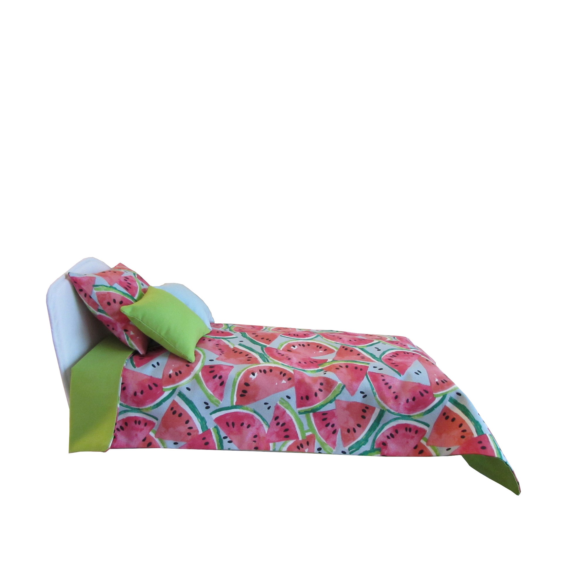 Watermelon Print Doll Bedding for 14 1/2 inch dolls Side view