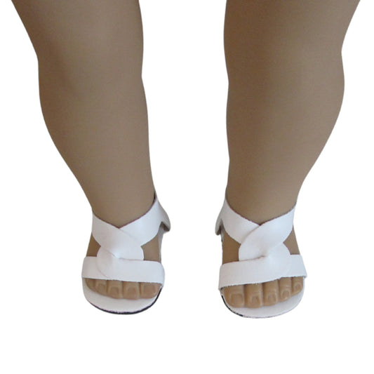 White Criss Cross Sandals for 18-inch dolls on doll