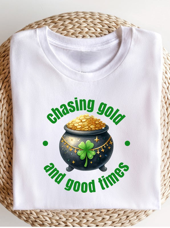 White Chasing Gold and Good Times Graphic Crew Neck Tee