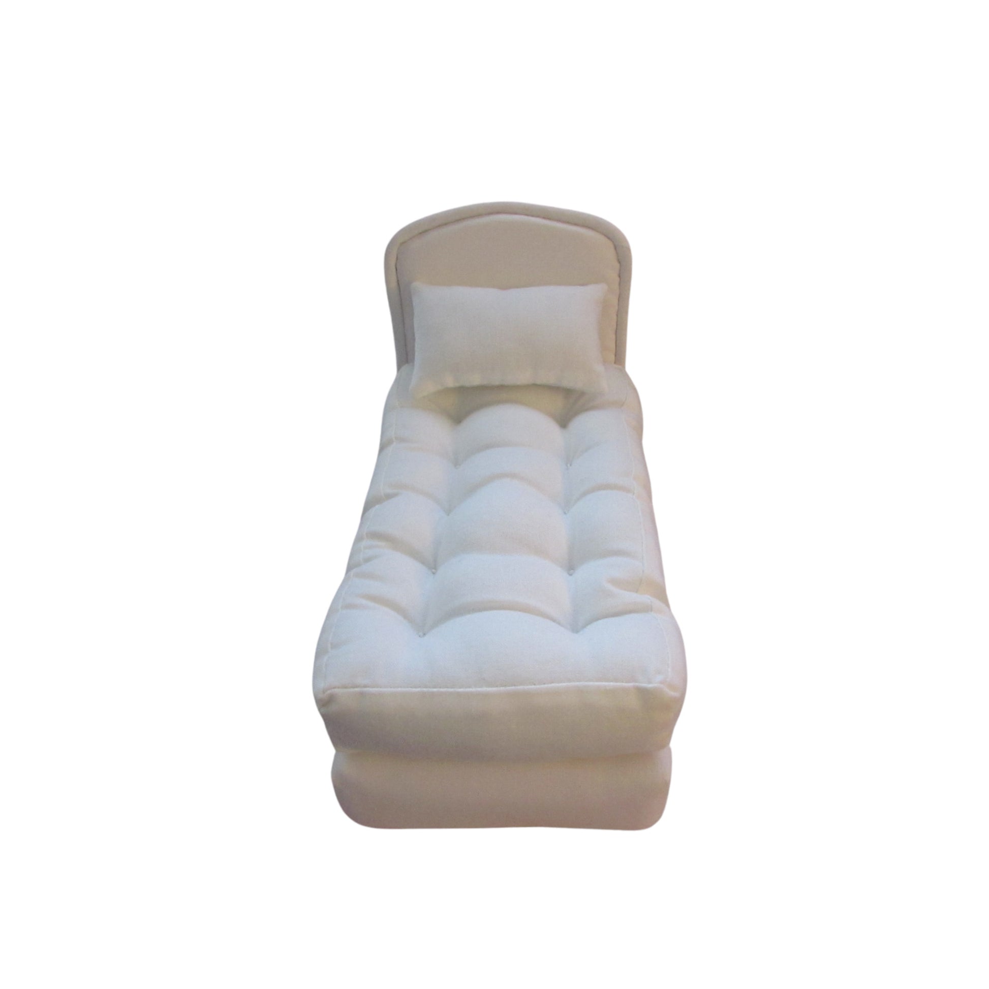 White Doll Bed, Mattress, and Pillow for 6 1/2 inch dolls Front view Up Close