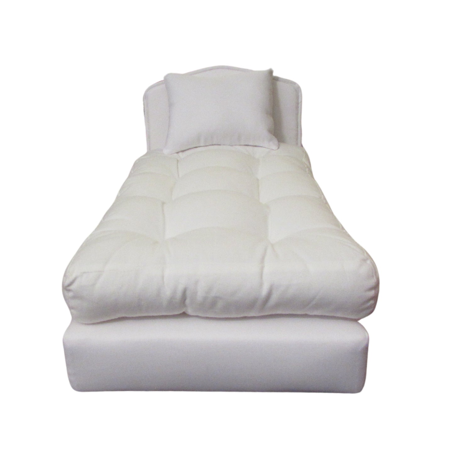 White Doll Bed, Pillows, and Mattress for 14 1/2 inch dolls Front view