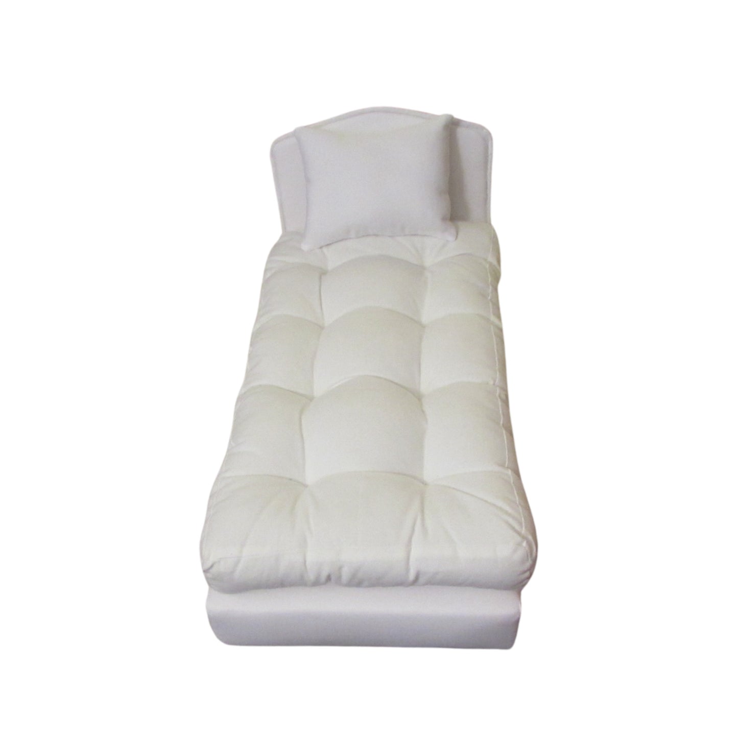 White Doll Bed, Pillows, and Mattress for 14 1/2 inch dolls Front view Up Close