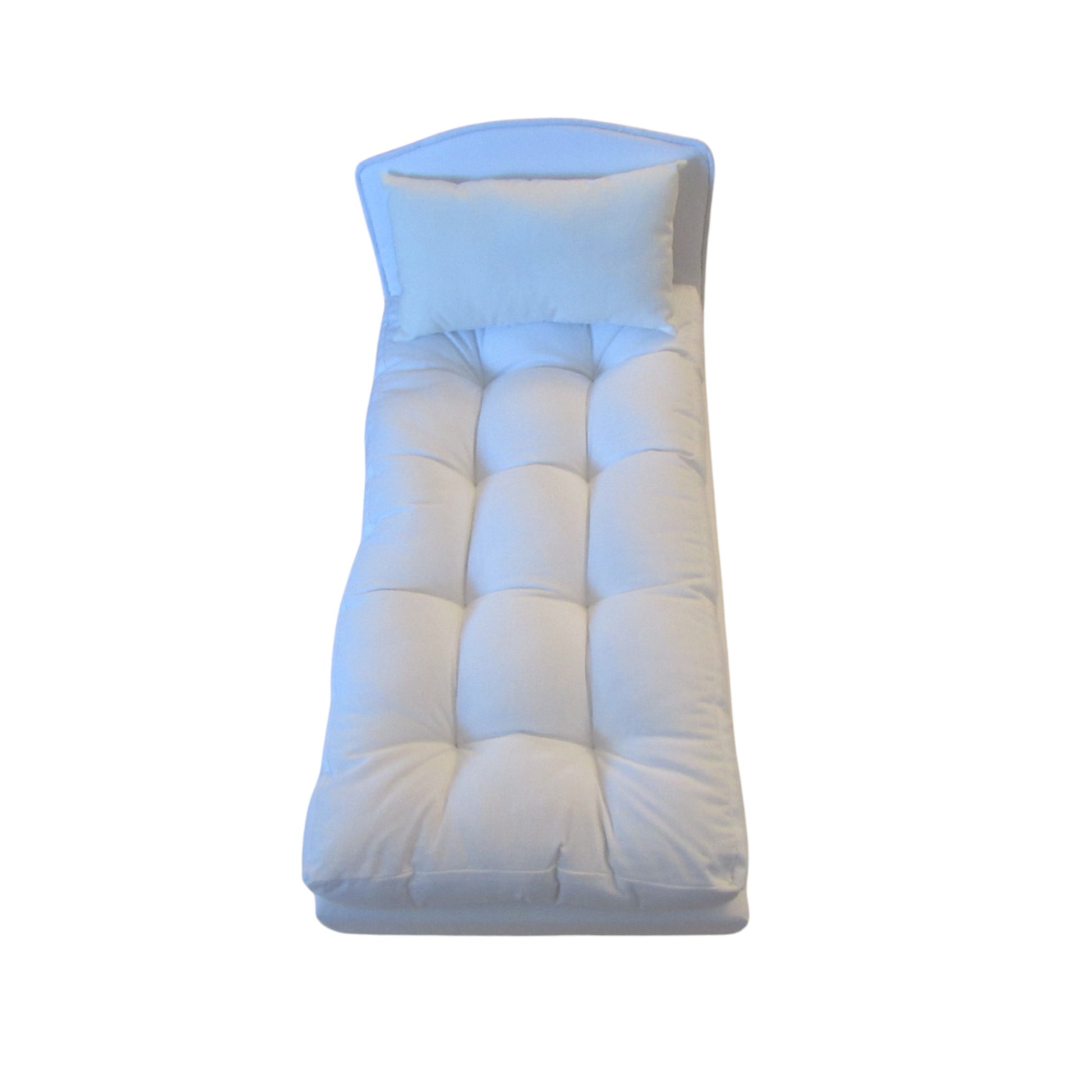 White Doll Bed, Pillows, and Mattress for 18 inch dolls Front view Up Close