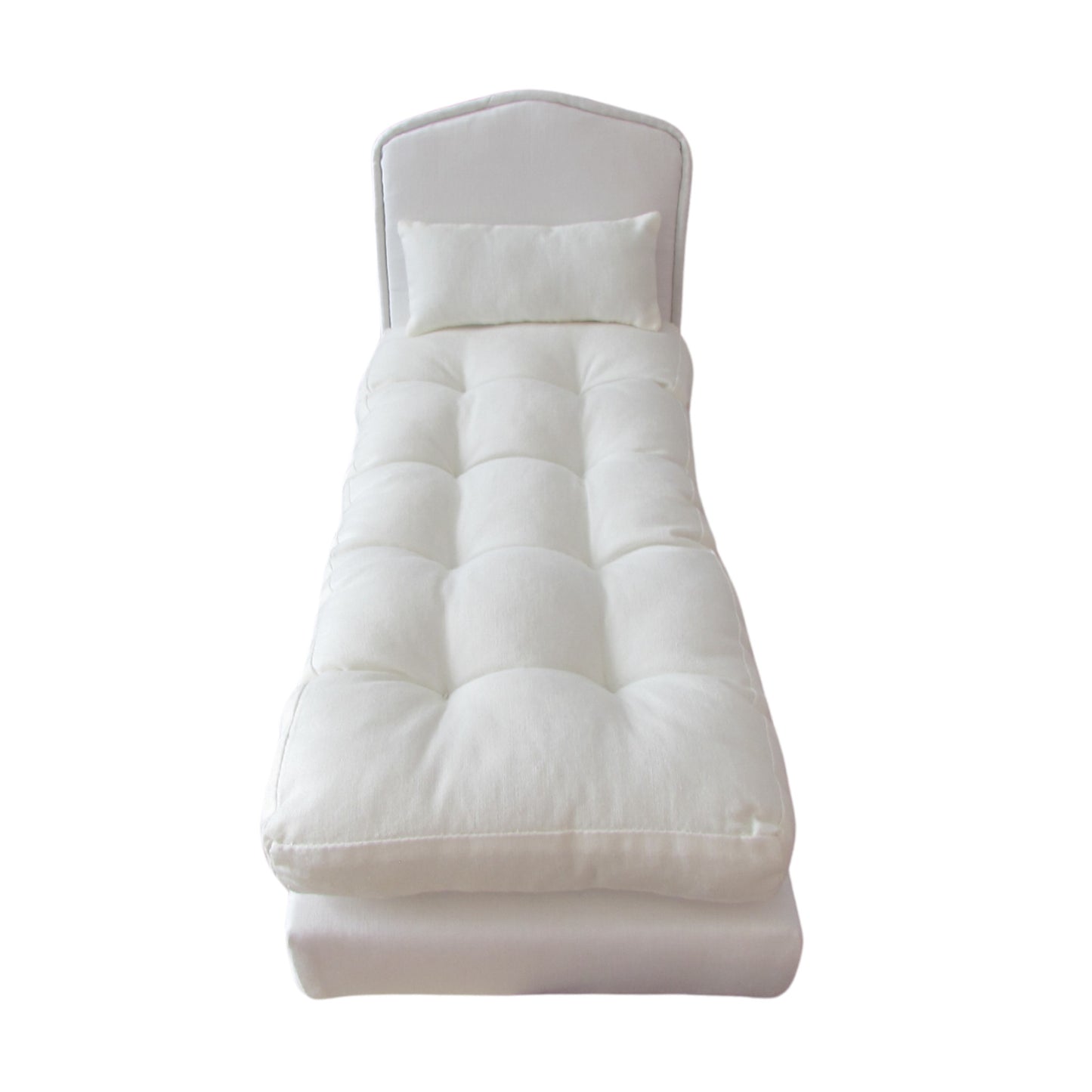 White Doll Bed and Doll Mattress for 11 1/2 inch dolls Front view Up Close