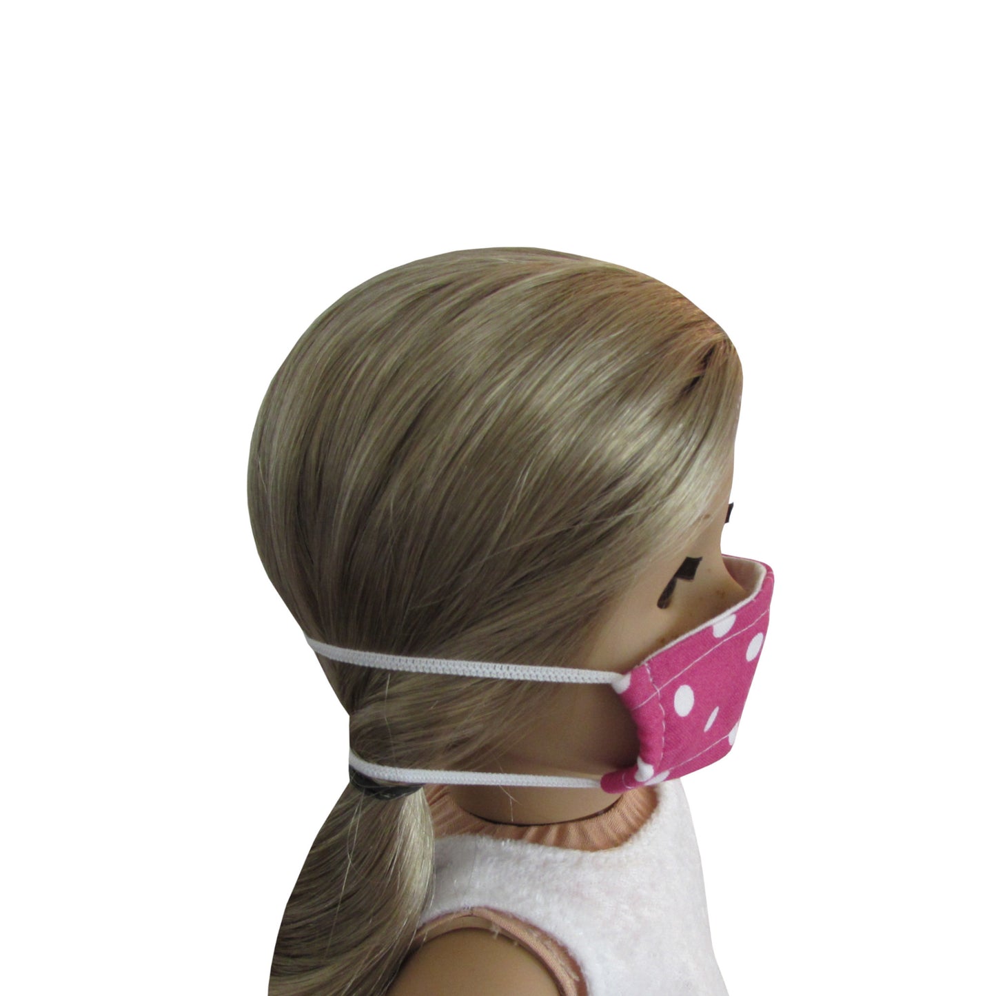 White Dots on Dark Pink Print Doll Face Mask for 18 inch dolls with doll Side view