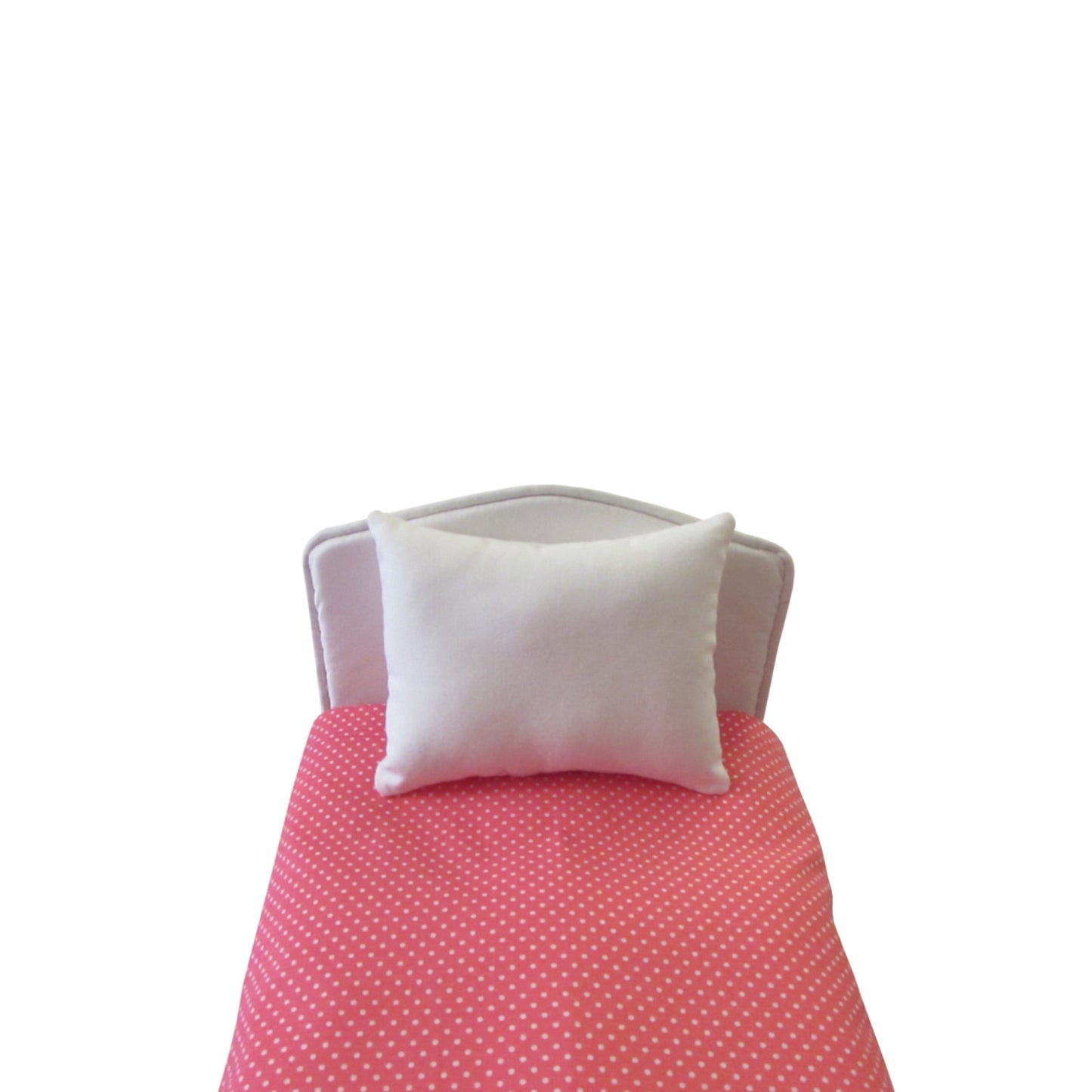 White Dots on Pink Sheet Set for 14 1/2 inch dolls Front view Up Close - White Pillow