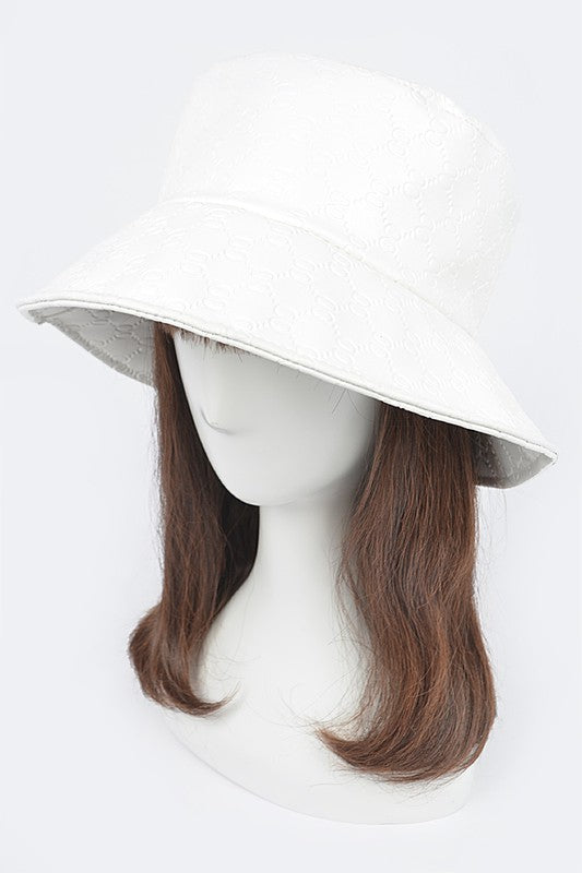 White Embossed Pattern Faux Leather Bucket Hat on Mannequin Front view