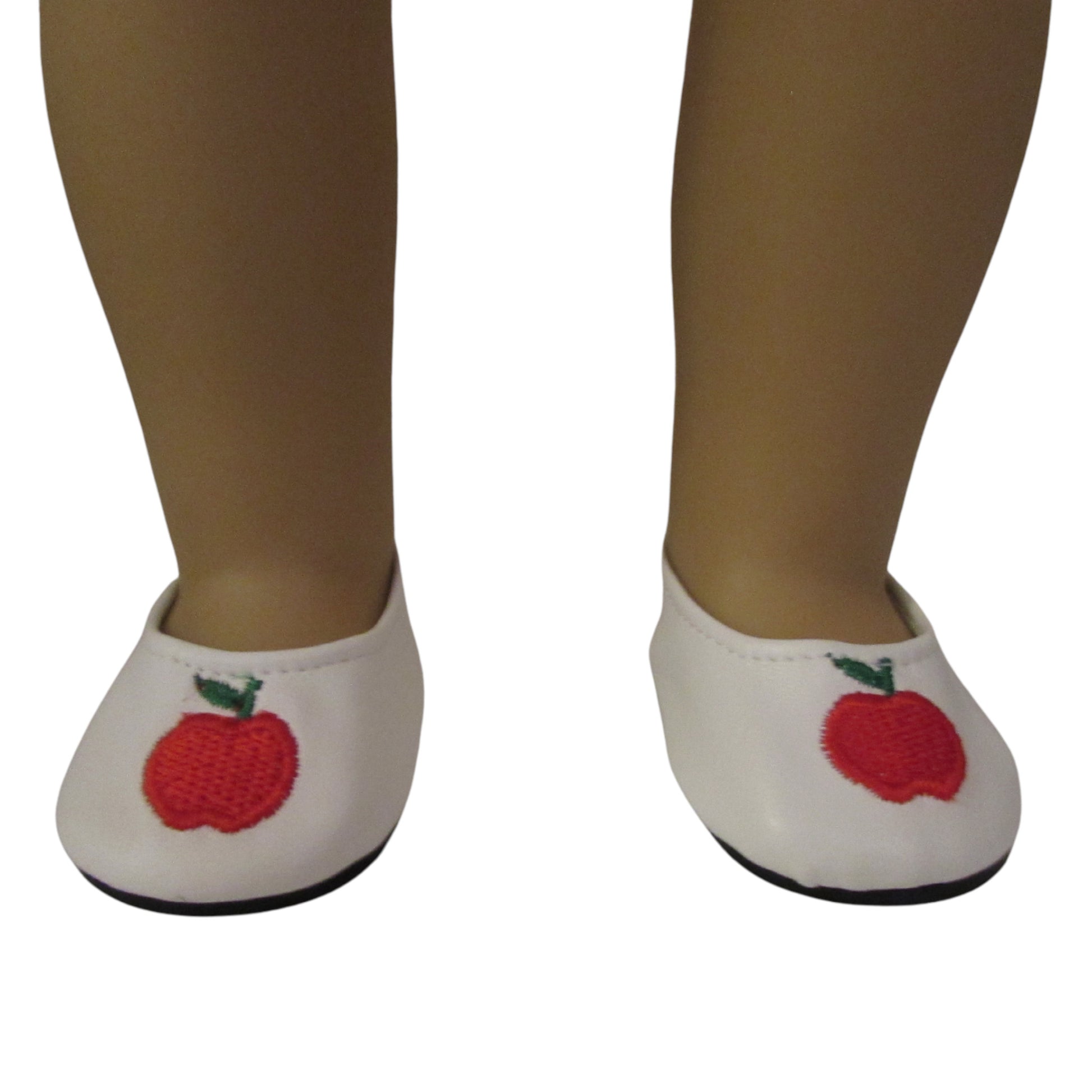 White Flat Shoes with Apple Design for 18-inch dolls with doll