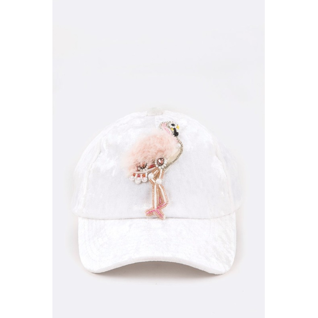 White Fur & Beaded Flamingo Distressed Velour Fashion Cap