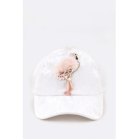 White Fur & Beaded Flamingo Distressed Velour Fashion Cap