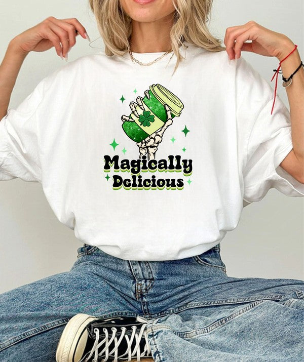 White Magically Delicious Coffee Graphic Crew Neck Tee