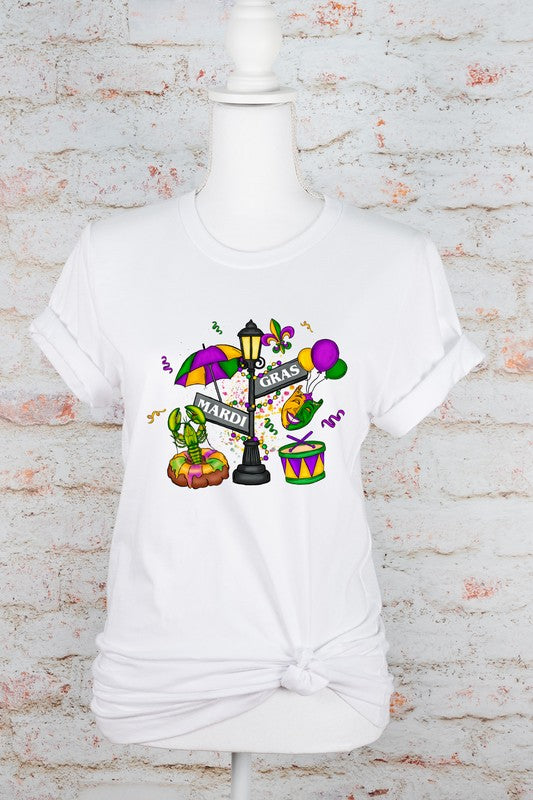White Mardi Gras Street Sign Graphic Short Sleeve Tee