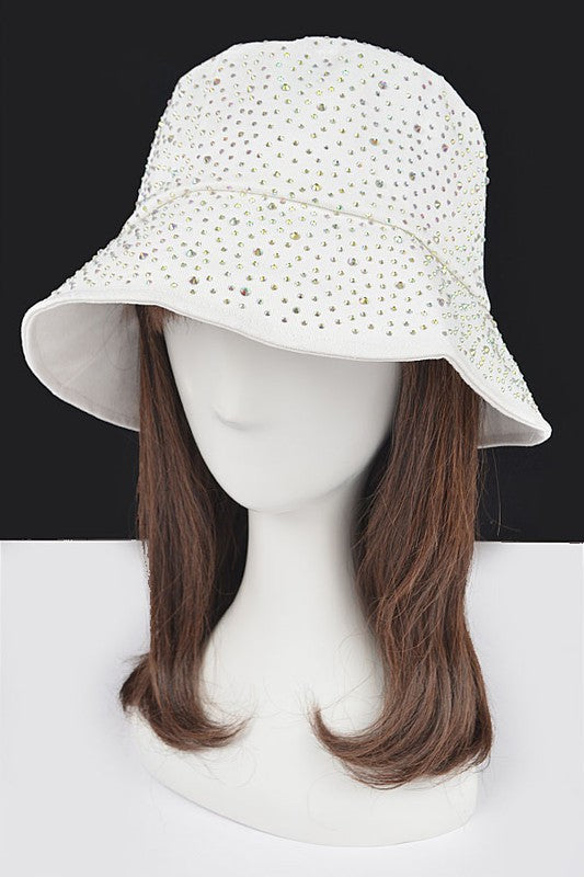 White Sparkly Canvas Bucket Hat on Mannequin Front view