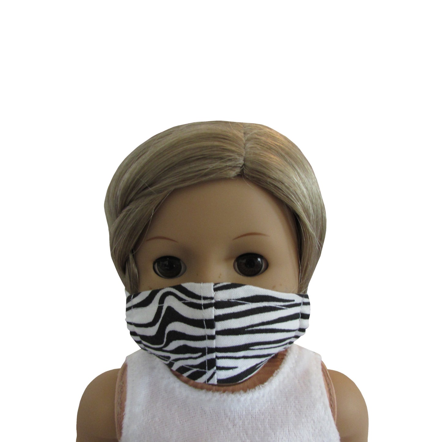 White Zebra Print Doll Face Mask for 18 inch dolls with doll Front view