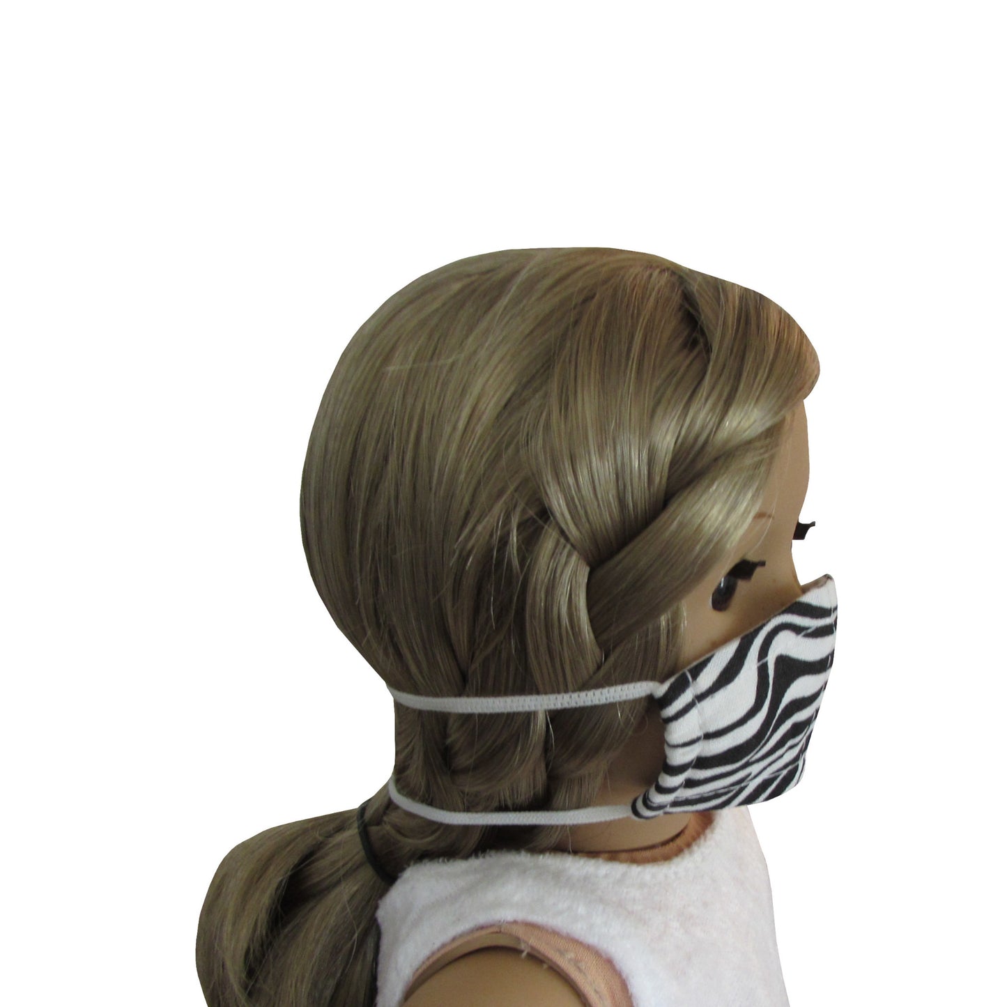 White Zebra Print Doll Face Mask for 18 inch dolls with doll Side view
