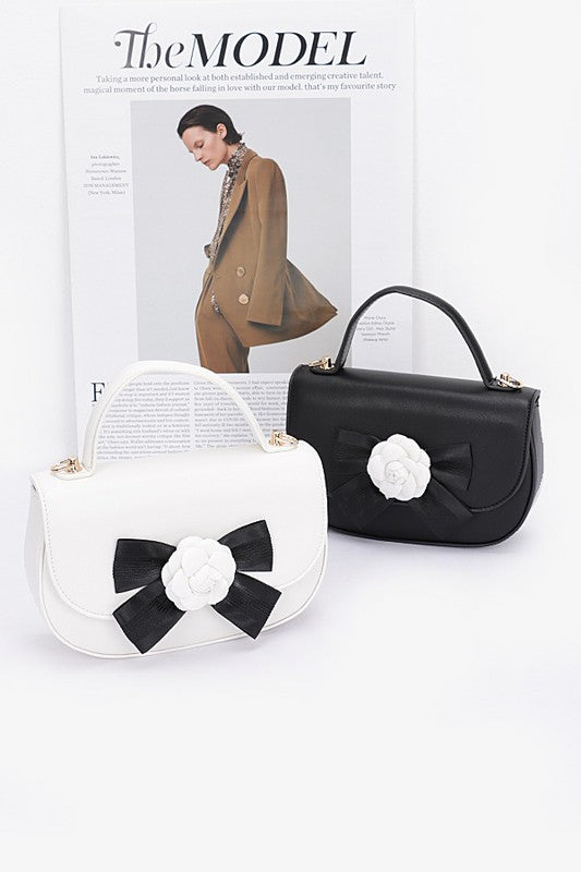 White and Black Camellia Flower Top Handle Swing Bags