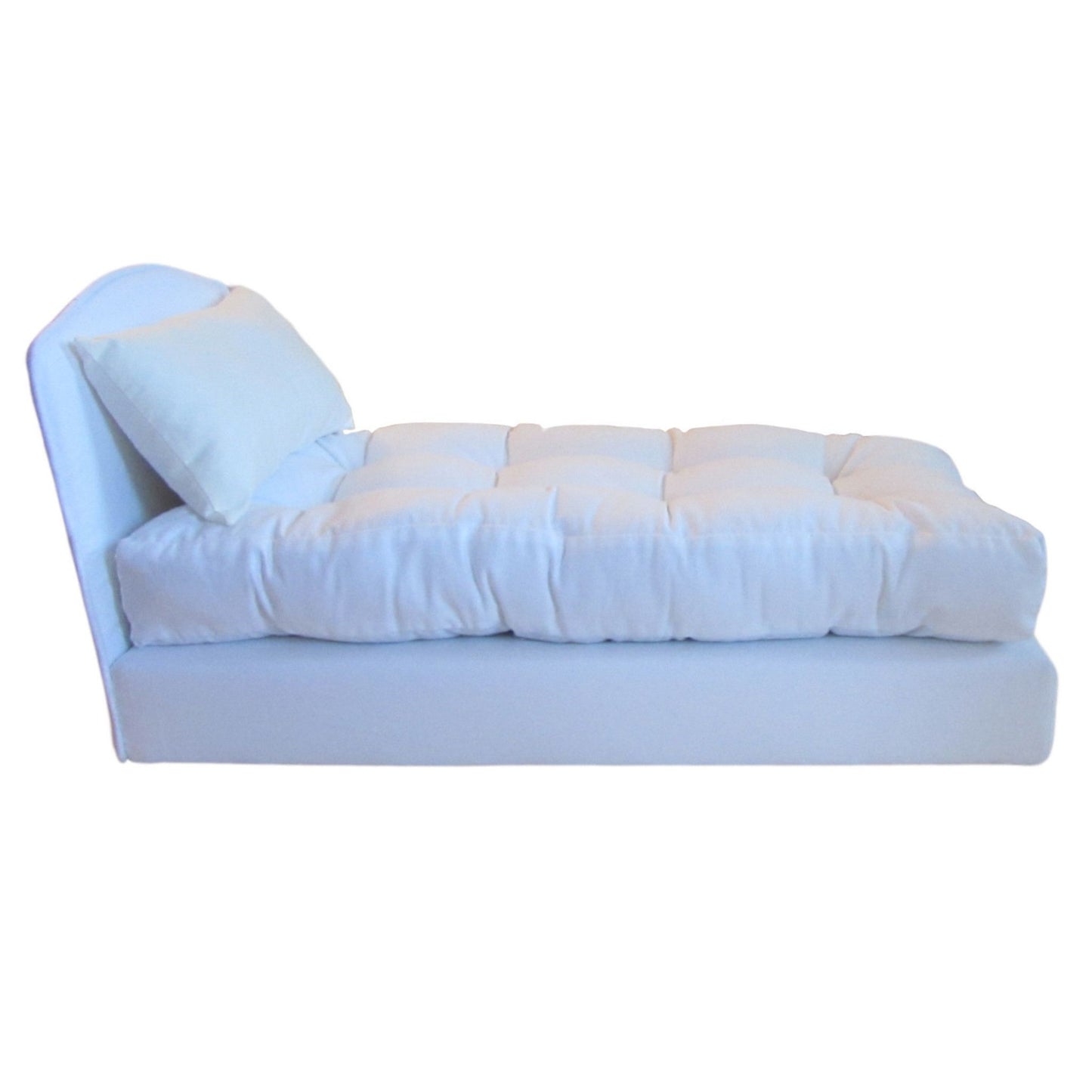 White upholstered doll bed, mattress, and pillow for 18-inch dolls