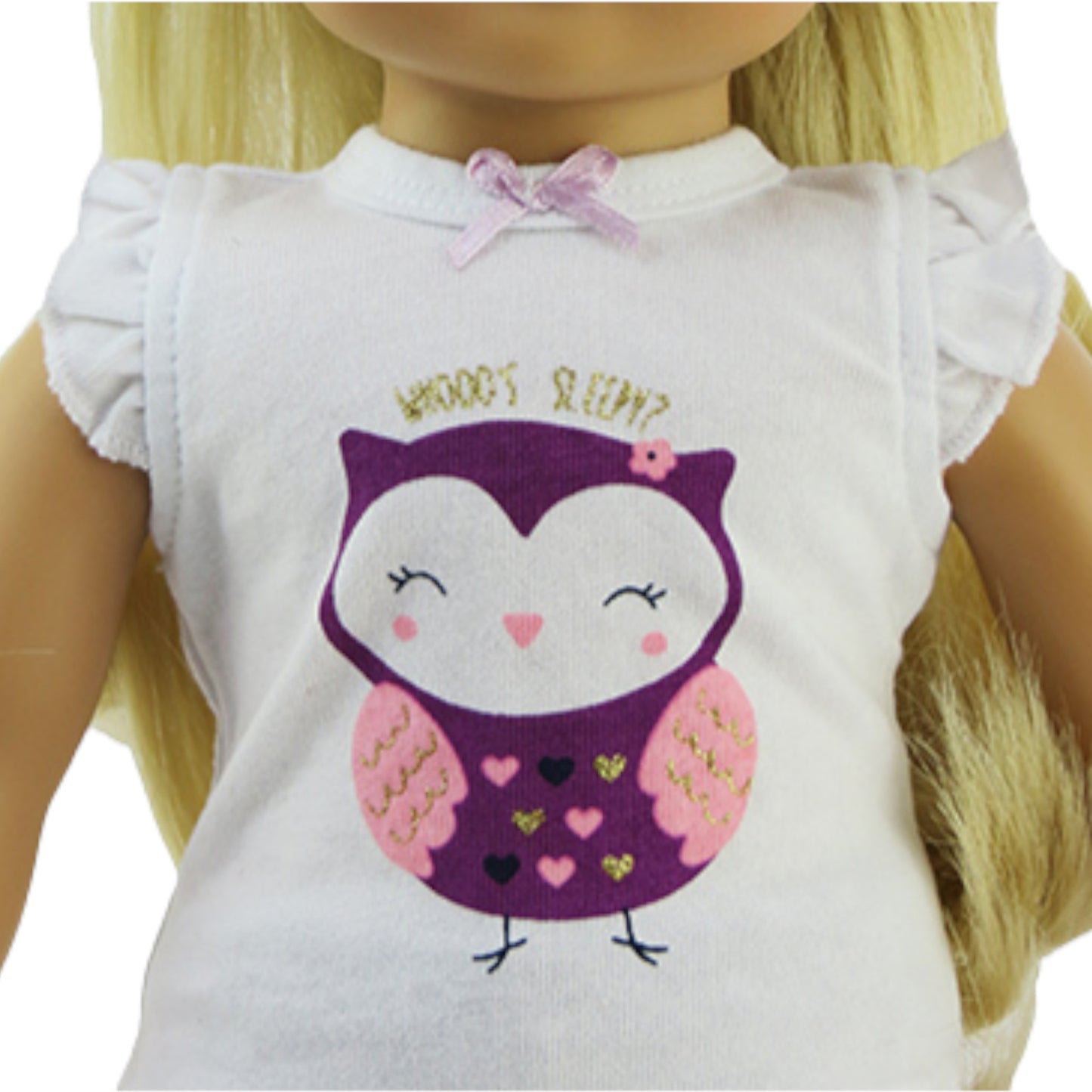 Whoo's Sleepy Owl Pajama Shorts Set for 18-inch dolls with doll Up Close