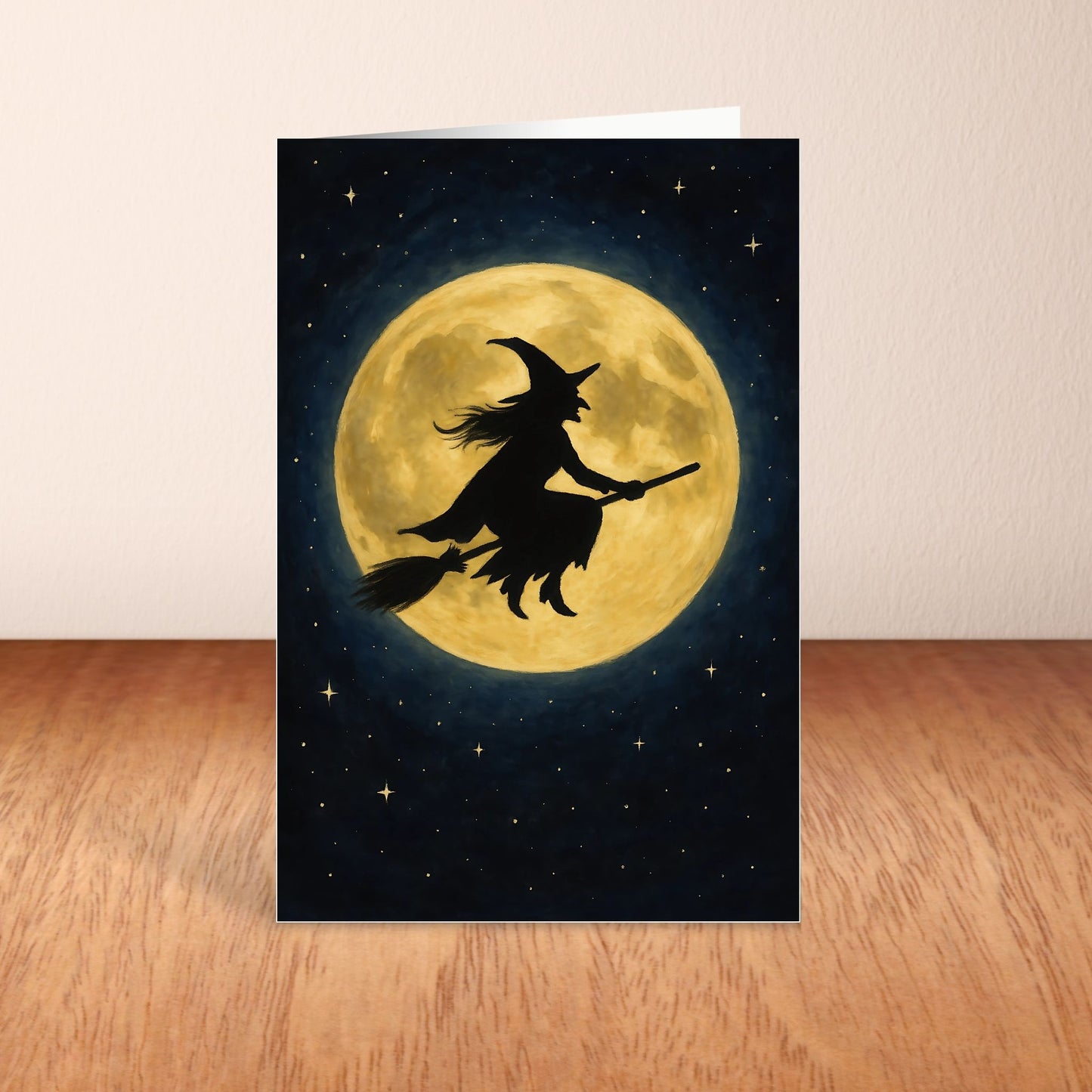 Blank Inside 5.5 x 8.5 Halloween Card – Witch Flying Across the Full Moon - Digital Download