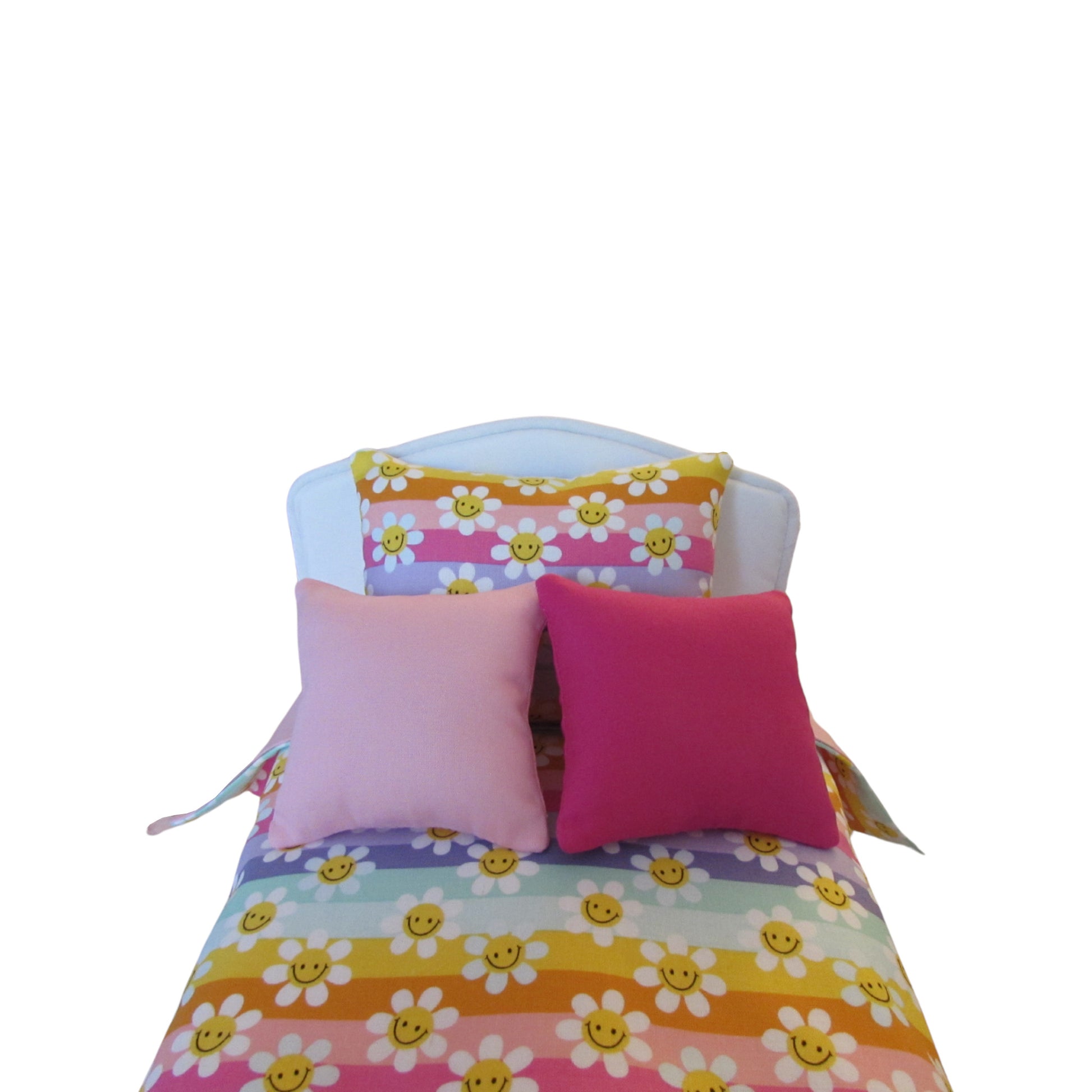 Yellow Daisies Stripes Doll Bedding for 14 1/2 inch dolls Front view Up Close