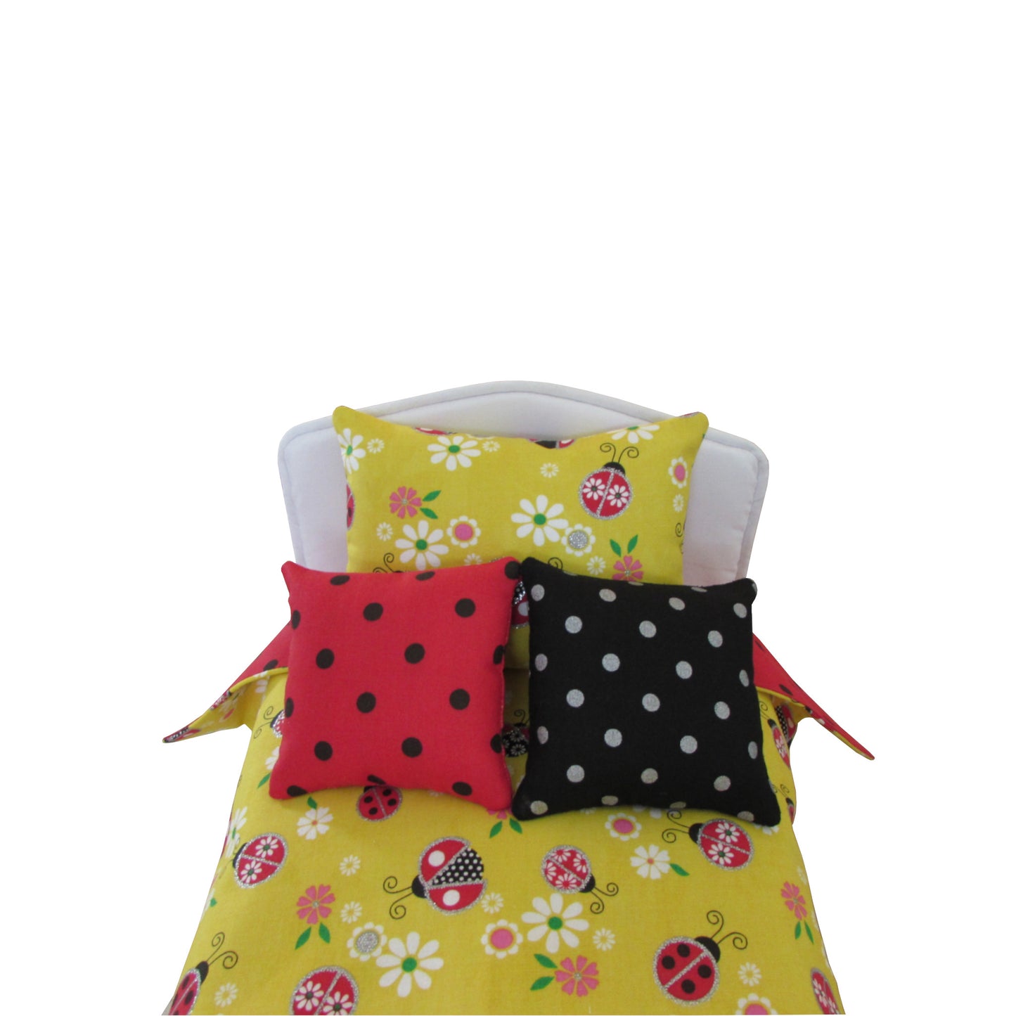 Yellow Floral Ladybug Black Dot Red Doll Bedding for 14 1/2 inch dolls Front view