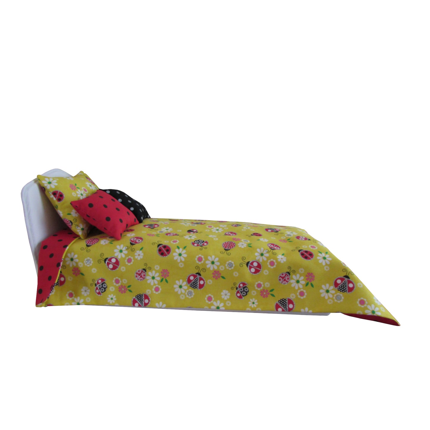 Yellow Floral Ladybug Black Dot Red Doll Bedding for 14 1/2 inch dolls Side view