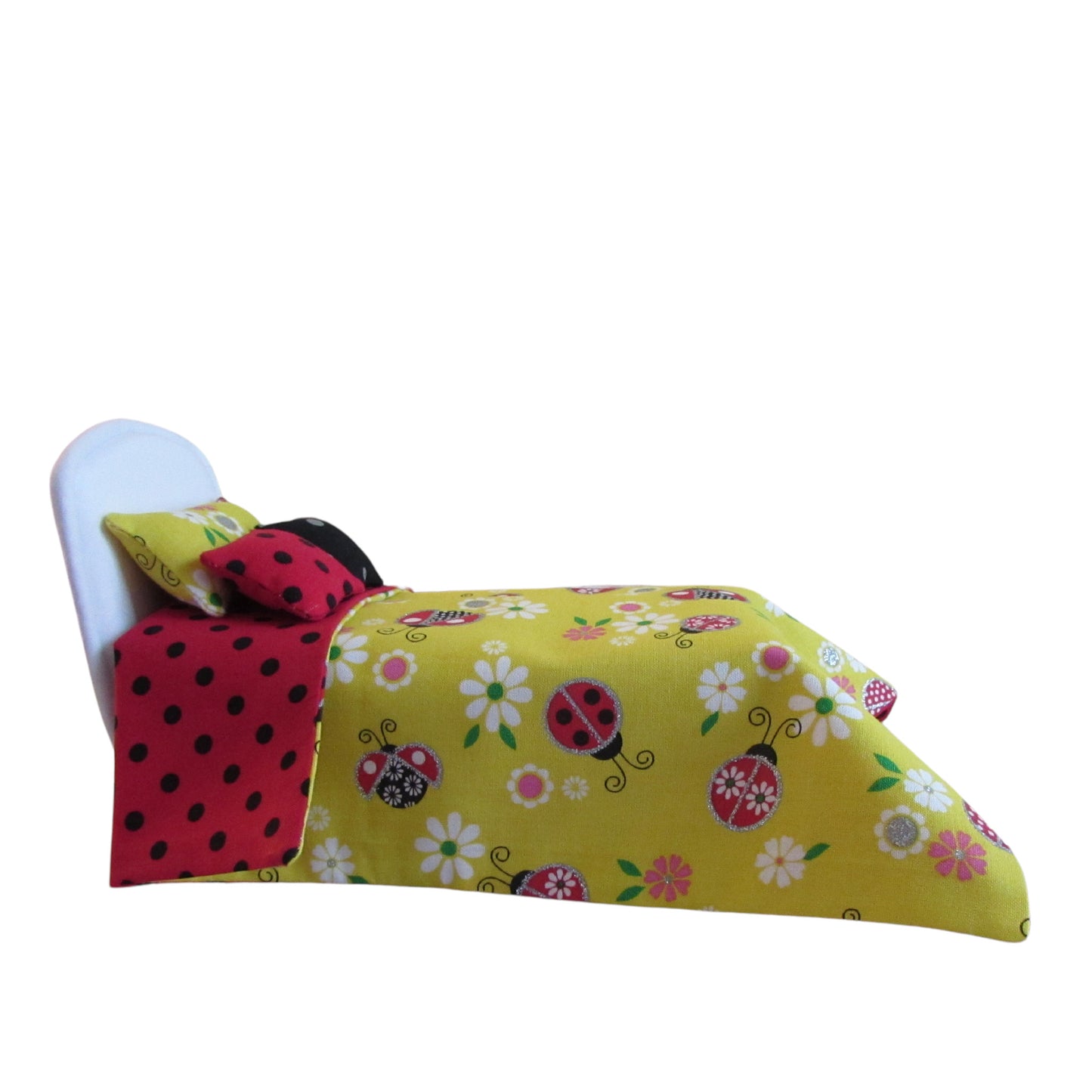 Yellow Floral Ladybug Black Dot Red Doll Bedding for 6 1/2 inch dolls Side view